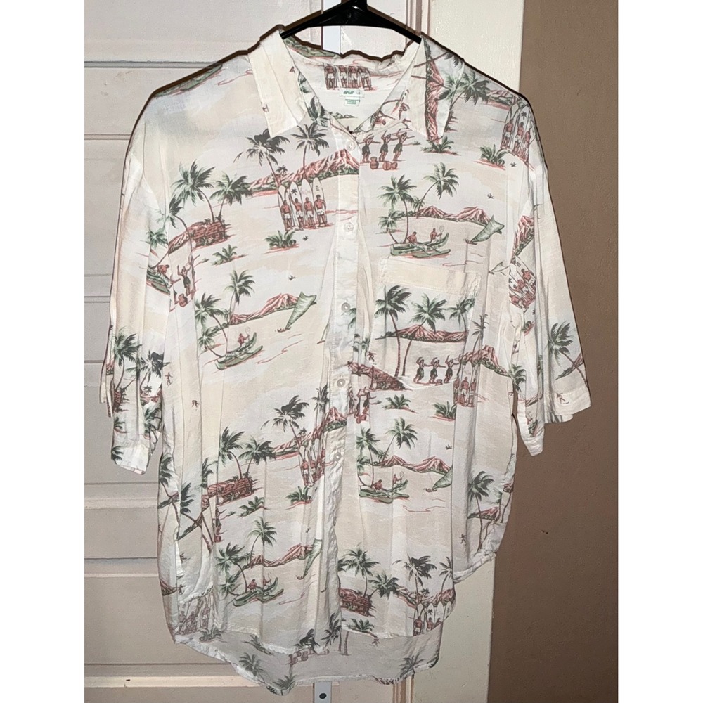 Aerie Tropical Hawaiian Print Button Down Shirt Cream Short Sleeve Large